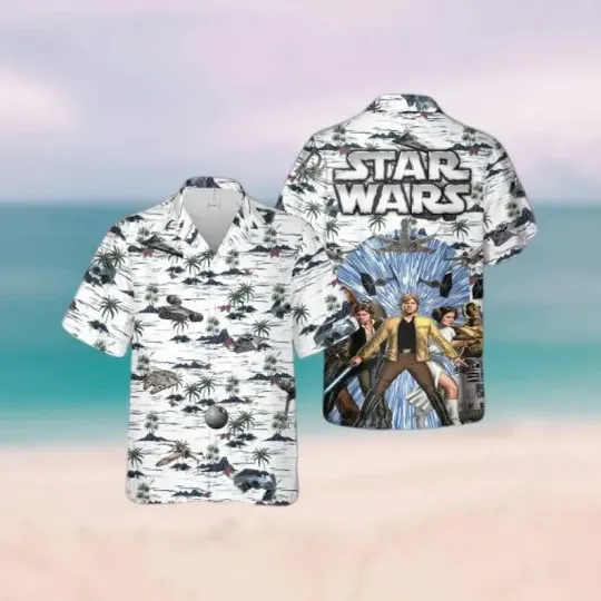 Discover Disney Star Wars Retro A New Hope Faded Tropical Palm Tree White Hawaiian Shirt