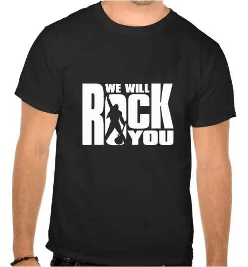Discover Queen Freddie Mercury We Will Rock You Rock Music Logo Black T-Shirt