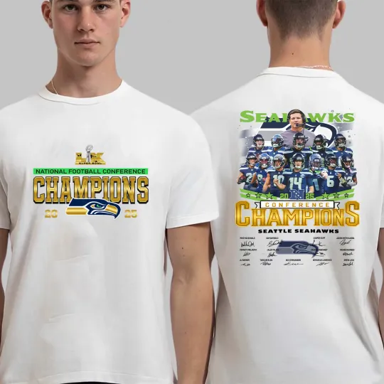 Discover Seattle Seahawks 2025 NFC Champions Legend T-Shirt, Super Bowl LX Go Hawks Shirt