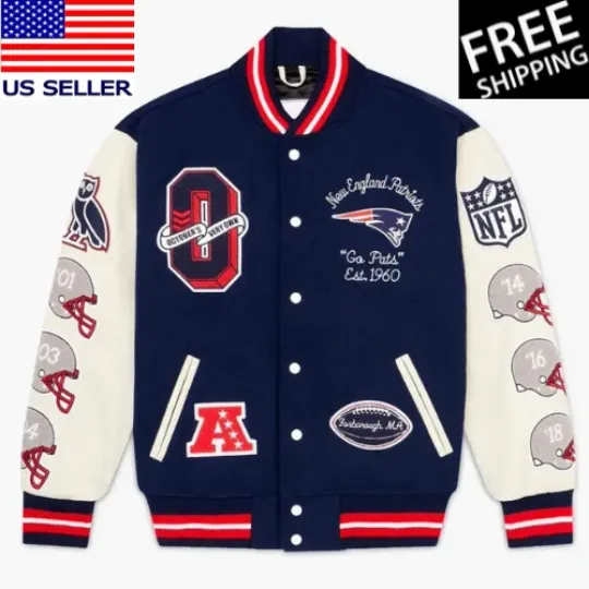 Discover New England Patriots Navy Blue Wool Sleeves Varsity Letterman Jacket