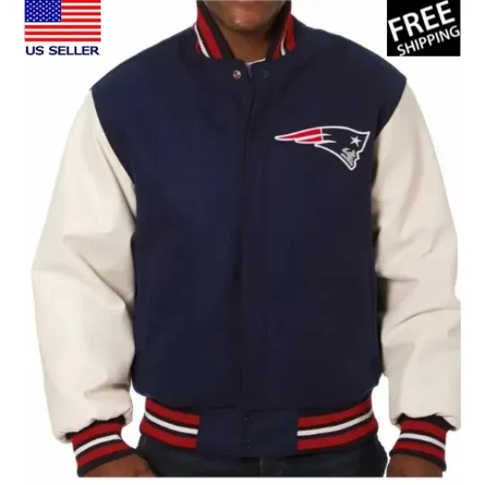Discover New England Patriots Blue Wool White Sleeves Varsity Letterman Jacket