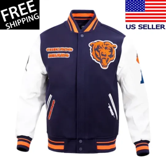 Discover Chicago Bears Navy Blue Wool and White Sleeves Varsity Letterman Jacket