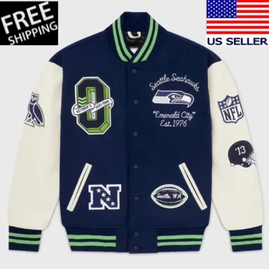Discover Seattle Seahawks Navy Blue Wool Sleeves Men's Varsity Jacket