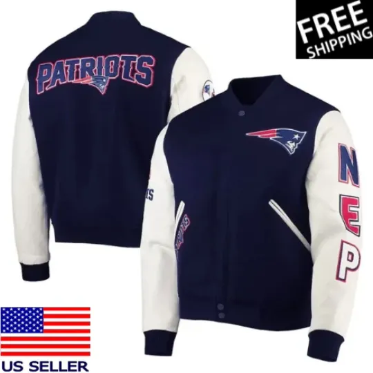 Discover New England Patriots Navy Blue Wool Leather Sleeves Varsity Jacket