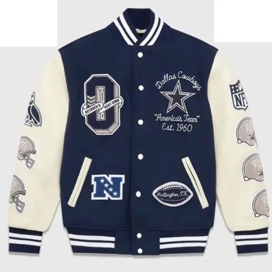 Dallas Cowboys Navy Blue Wool & White Real  Sleeves Varsity Men's Jacket