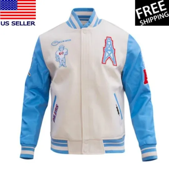 Discover Houston Oilers Off White Wool  Sleeves Varsity Letterman Jacket