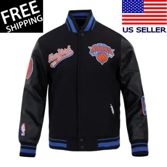 Discover New York Knicks Script Tail Varsity Black Wool Sleeves Letterman Jacket