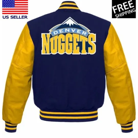 Discover Denver Nuggets Blue Wool  Yellow Sleeves Letterman Varsity Men's Jacket