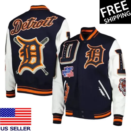 Discover Detroit Tigers Mash Up Navy Blue Wool and White Sleeves Varsity Letterman Jacket
