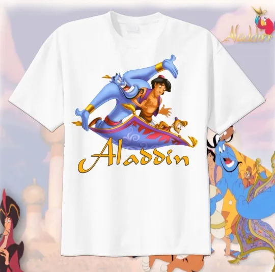 Discover Aladdin Themed Custom T-Shirt for Kids, Personalized Birthdays with Genie, Abu, and Carpet Prints