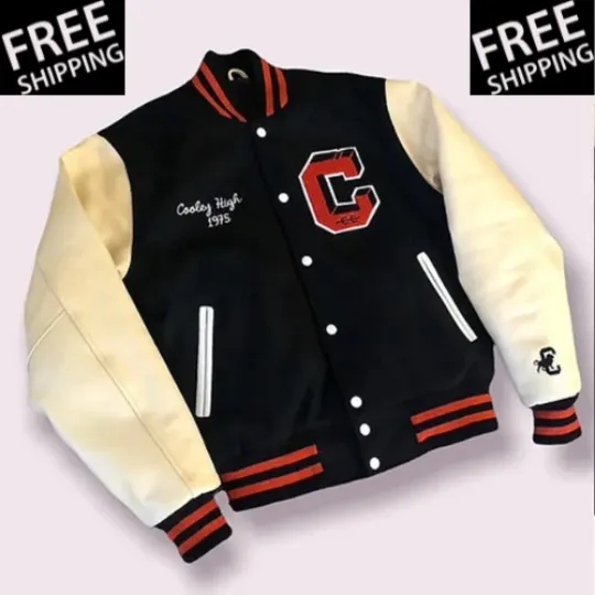 Discover 1975 Cooley High Black Wool Genuine Leather Varsity Men Letterman Bomber Jacket