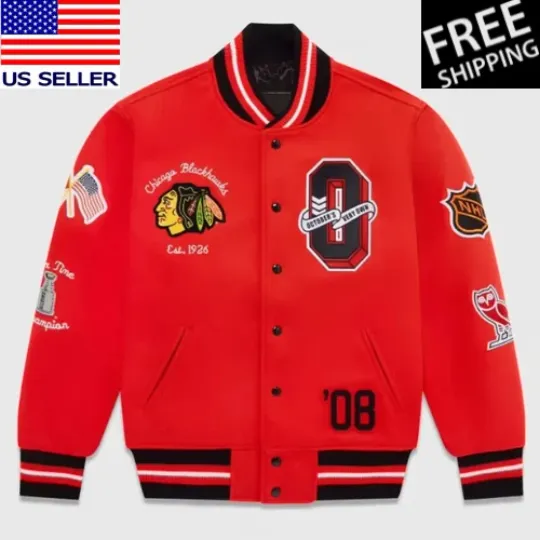 Discover Chicago Blackhawks The Original Six OVO Varsity Red Wool Letterman Unisex Jacket
