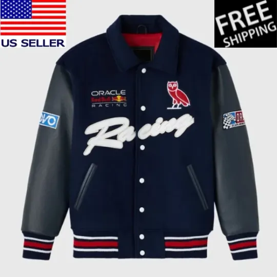 Discover Red Bull Racing Full-Snap Navy Wool Black Genuine Leather Sleeves Varsity Jacket