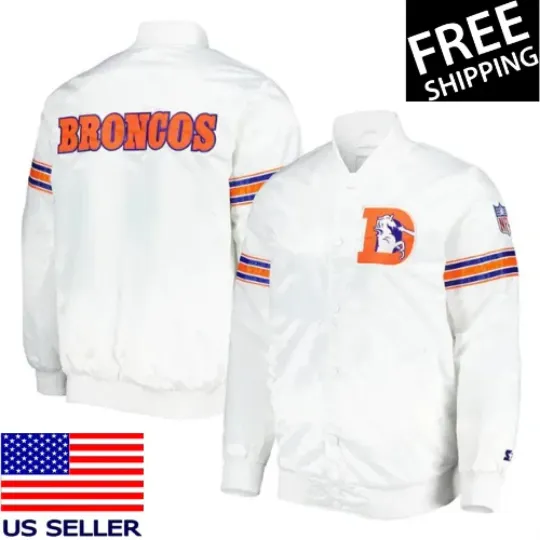 Discover Denver Broncos The Power Forward Full-Snap White Satin Men Varsity Bomber Jacket