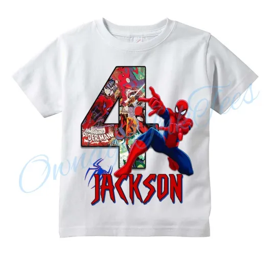 Discover Spiderman Comic Superhero Custom T-Shirt Personalize Name Age for Birthday