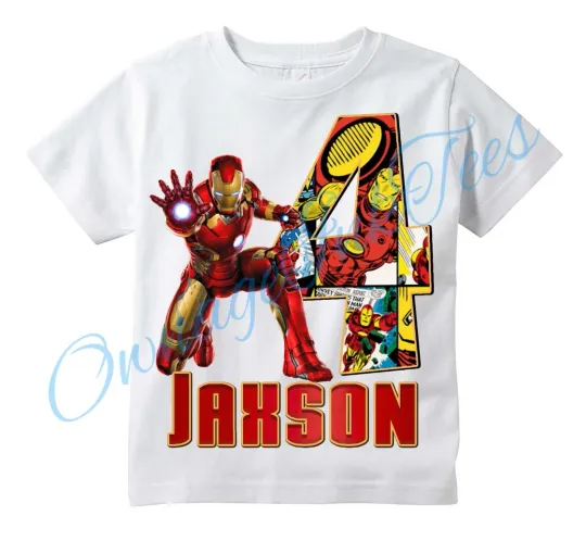 Discover Iron Man Comic Superhero Custom T-shirt with Personalized Name and Age