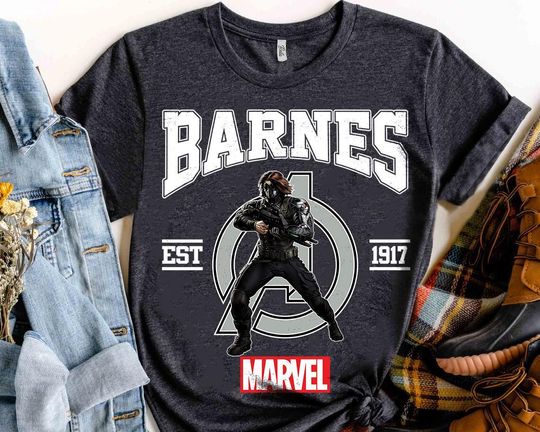 Marvel Comics BUCKYY Bn Bn Barnes Est 1917 T-Shirt, Winter Soldier Character Tee