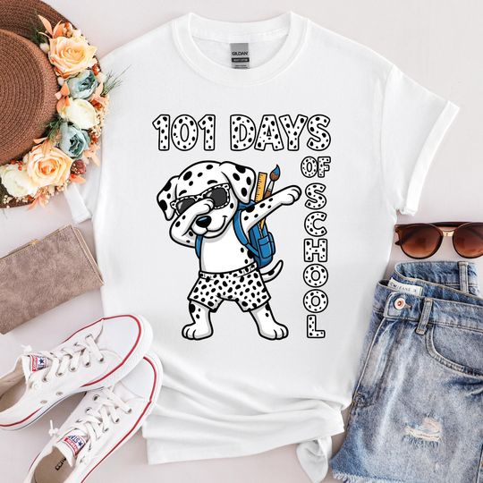 Discover 101 Days of School T-Shirt for Kids, Dabbing Dalmatian, Teacher Celebration Unisex Tee