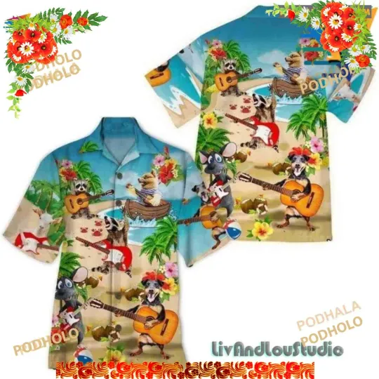 Discover Hawaiian Shirt with Animals and Guitar Print