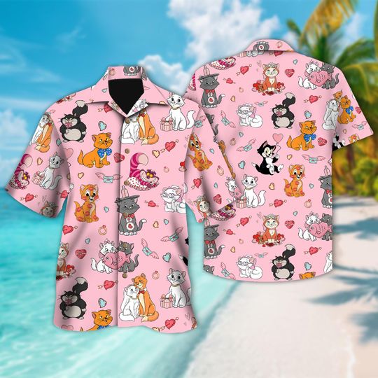 Discover Disney Cats Valentine Hawaiian, Disney Valentine's Day Hawaii, Sweethearts Button Up, Cat Lover Gift, Valentine's Day Gift, Disney Couples