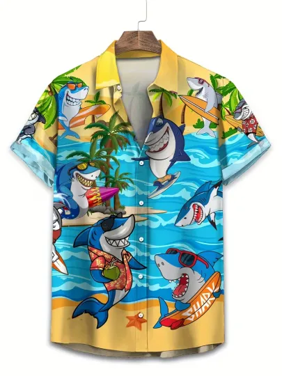 Discover Funny Surfing Shark Hawaiian Shirt Men Women Kids Tropical Beach Party Top