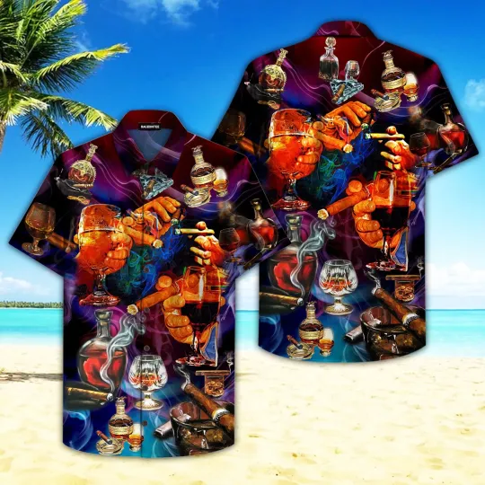 Discover Night Hawaiian Shirt with Drink and Cigar Print