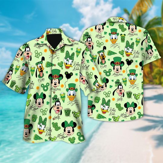 Discover Mickey and Friends Signatures Hawaiian Shirt, Disney World Button Up, Disney St Patrick Day Disneyland Shirt, Mickey Magical Kingdom Hawaii