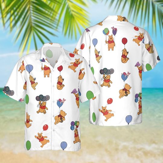 Discover Pooh Holding A Balloon White Hawaiian Shirt, Disney Vacation Beach Outfit, Pooh Shirt Gifts