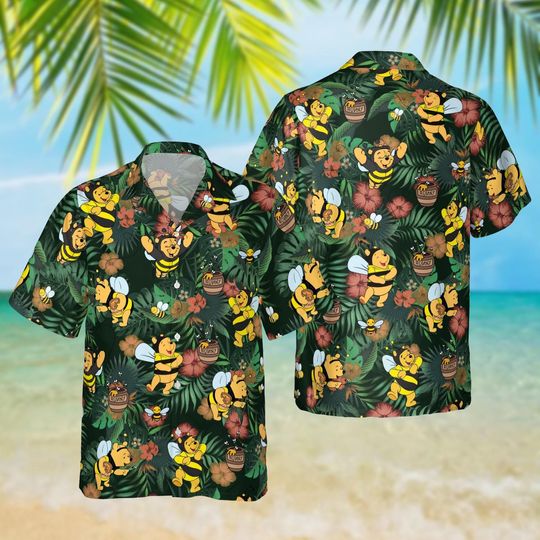 Discover Pooh Bee Flowers Hawaiian Shirt, Disney Vacation Beach Outfit, Pooh Shirt Gifts