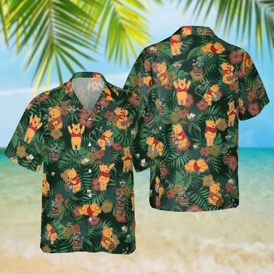 Discover Pooh With Bee Flowers Hawaiian Shirt, Disney Vacation Beach Outfit, Pooh Shirt Gifts