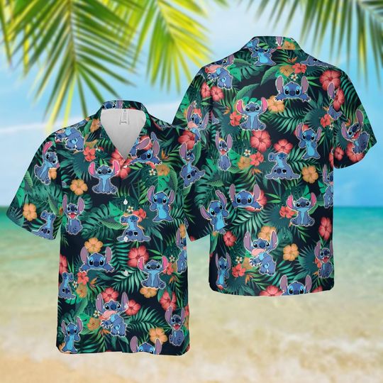 Discover Stitch With Flowers Hawaiian Shirt, Disney Stitch Shirt, Disneyland Summer Shirt