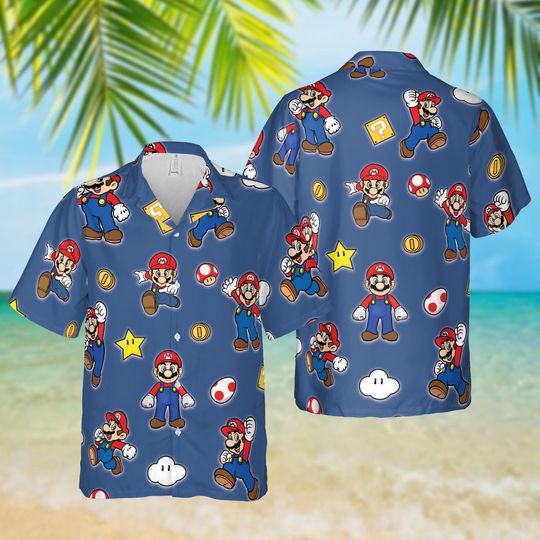 Mario Hawaiian Shirt, Super Mario Button Shirt, Family Vacation Outfit