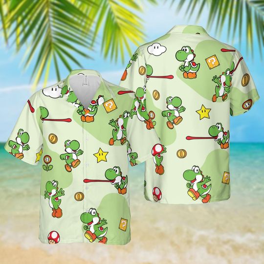 Green Yoshi Hawaiian Shirt, Super Mario Character Hawaiian Shirt, Retro Gamer Outfit