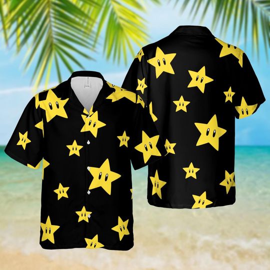 Star Super Mario Black Hawaiian Shirt, Retro Gamer Matching Outfit, Game Sunshine Shirt