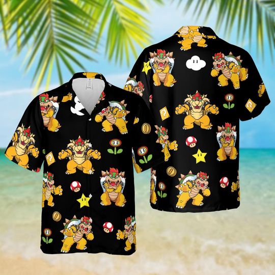 Bowser Black Hawaiian Shirt, Super Mario Character Hawaiian Shirt, Bowser Retro Gamer Outfit