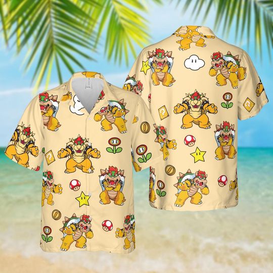 Bowser Hawaiian Shirt, Super Mario Character Hawaiian Shirt, Bowser Retro Gamer Outfit