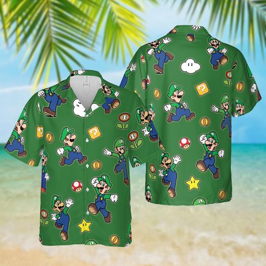 Luigi Green Hawaiian Shirt, Super Mario Character Shirt, Retro Mushroom Game Summer Outfit