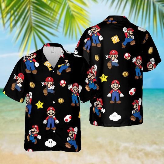 Discover Mario Black Hawaiian Shirt, Super Mario Button Shirt, Family Vacation Outfit