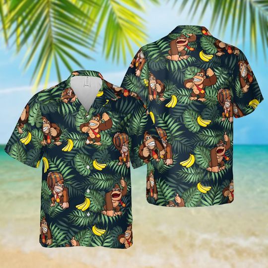 Donkey Kong Banana Hawaiian Shirt, Super Mario Character Shirt, Video Game Tropical Outfit