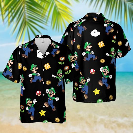 Luigi Black Hawaiian Shirt, Super Mario Character Shirt, Retro Mushroom Game Summer Outfit
