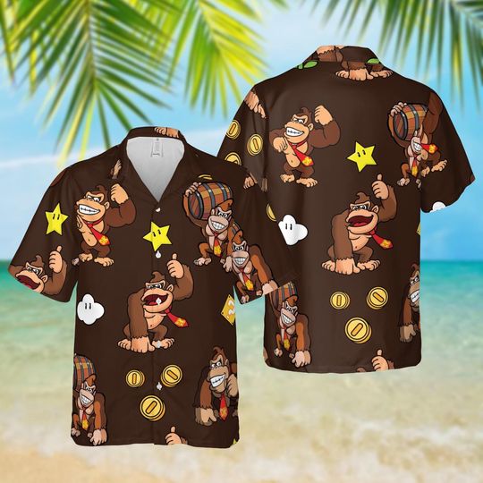 Donkey Kong Hawaiian Shirt, Super Mario Character Shirt, Video Game Tropical Outfit