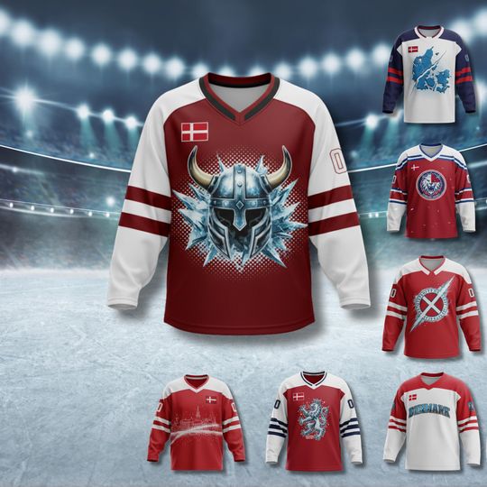 Discover Denmark Hockey Jersey Red White Danish Flag Viking Helmet Graphic Unisex Fan Pullover Gift Milano Cortina 2026 Bird Eye Pique
