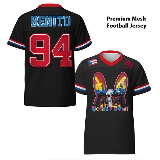 Discover Black Bun Benito Premium Mesh Football Jersey Puerto Rico Flag
