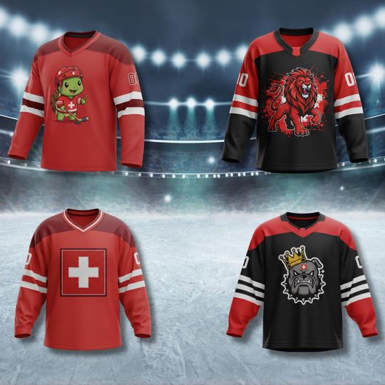 Discover Switzerland Hockey Jersey , Swiss Cross Lion Turtle Bulldog Graphic, Red White Unisex Fan Gift for 2026 Winter Games Rink Wear
