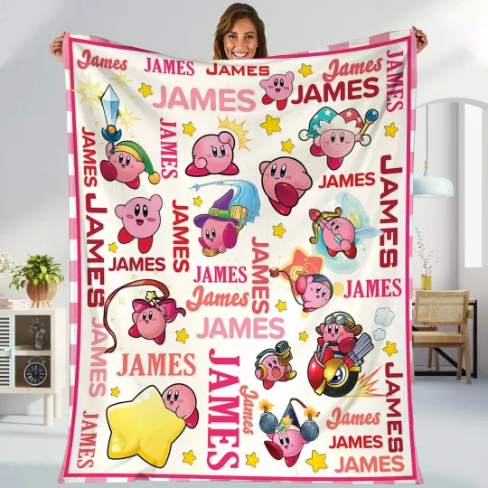 Personalized Kirby Blanket, Gaming Kirby Birthday Blanket