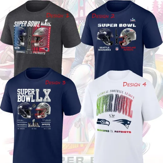 Discover New England Patriots vs. Seattle Seahawks Super Bowl LX T-Shirt
