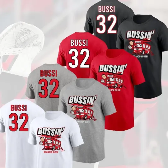 Discover Brandon Bussi #32 Carolina Hurricanes Double Sided T-Shirt 2026 Player Name & Number