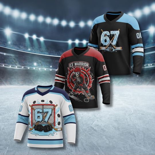 Discover Ice Warrior Hockey Jersey Sweatshirt Number 67 Graphic Goalie Net and Sticks Unisex Rink Streetwear Fan Gift for Players Game Day Pullover