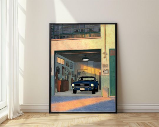 Discover Blue Mustang in Sunlit Garage  Retro Car Art Print | Warm Vintage Wall Poster