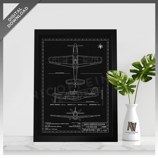 Discover North American P-51 Mustang Minimalist Aircraft / Aeroplane Blueprint Style for Large Poster Print / Wall Art | Digital Download | Printable